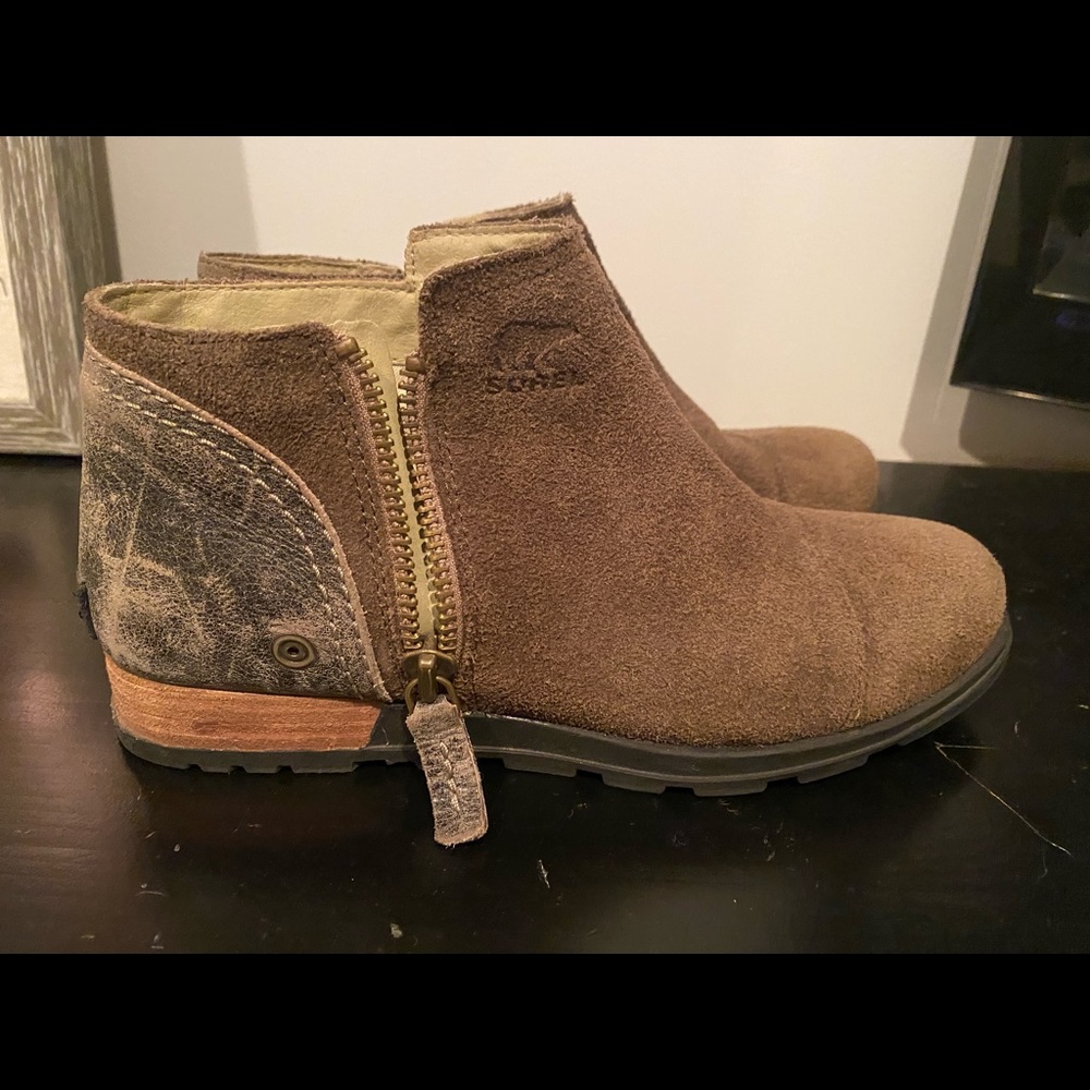 Sorel booties. Brown suede leather with distressed leather heal. Gently worn.
